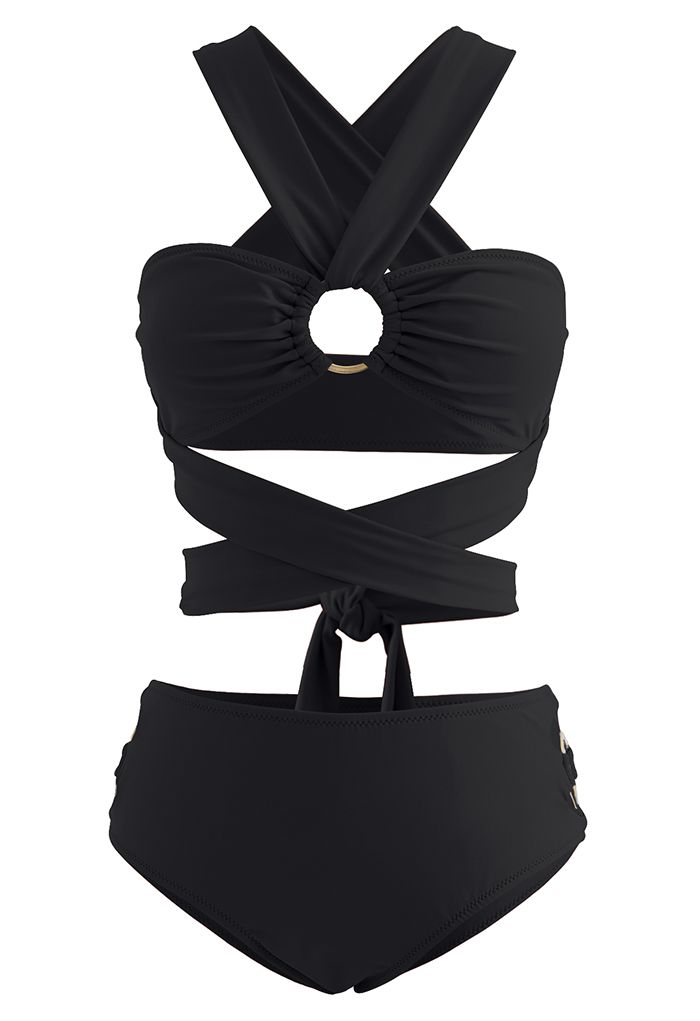 Halter Neck O-Ring Bikini Set in Black