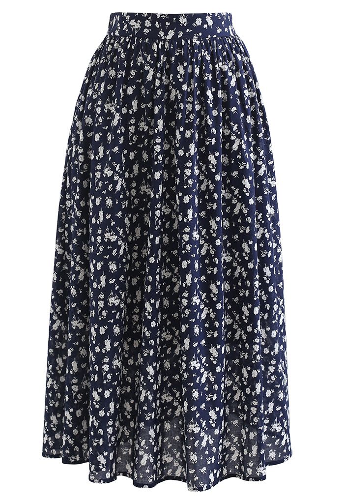 Flowery Land Ruched Crop Top and Midi Skirt Set in Navy