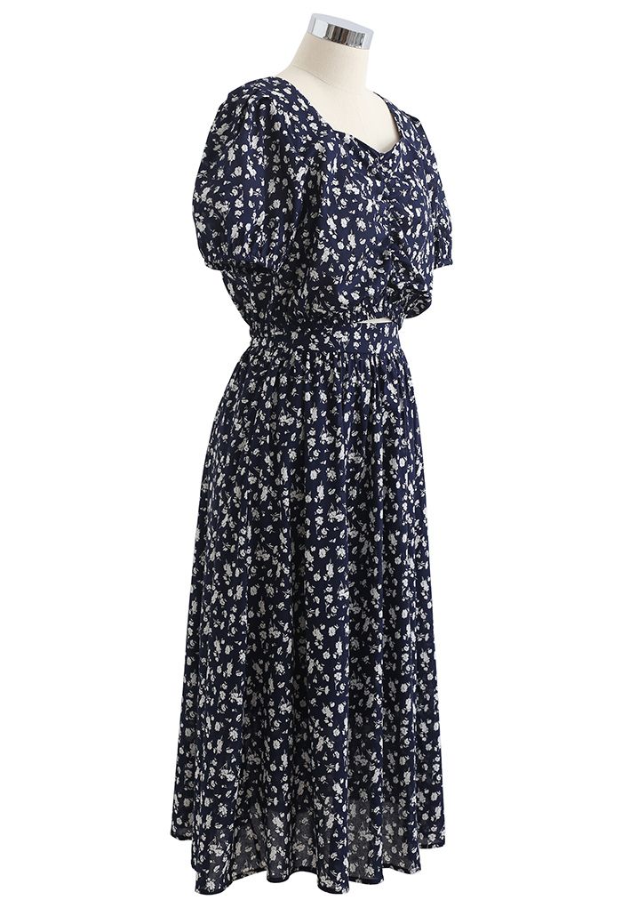 Flowery Land Ruched Crop Top and Midi Skirt Set in Navy