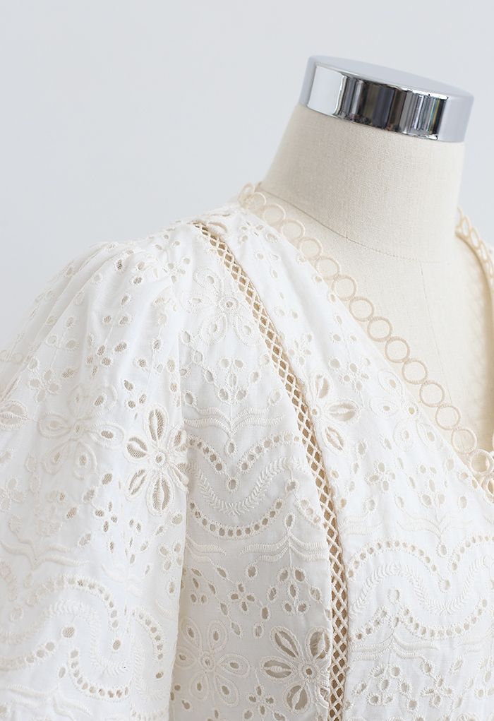 Stunning Eyelet Embroidered Wrap Top and Shorts Set in Cream