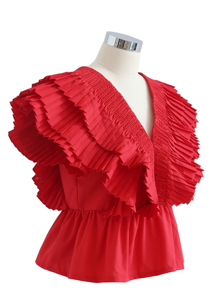Pleated Ruffle Buttoned Deep V-Neck Crop Top in Red