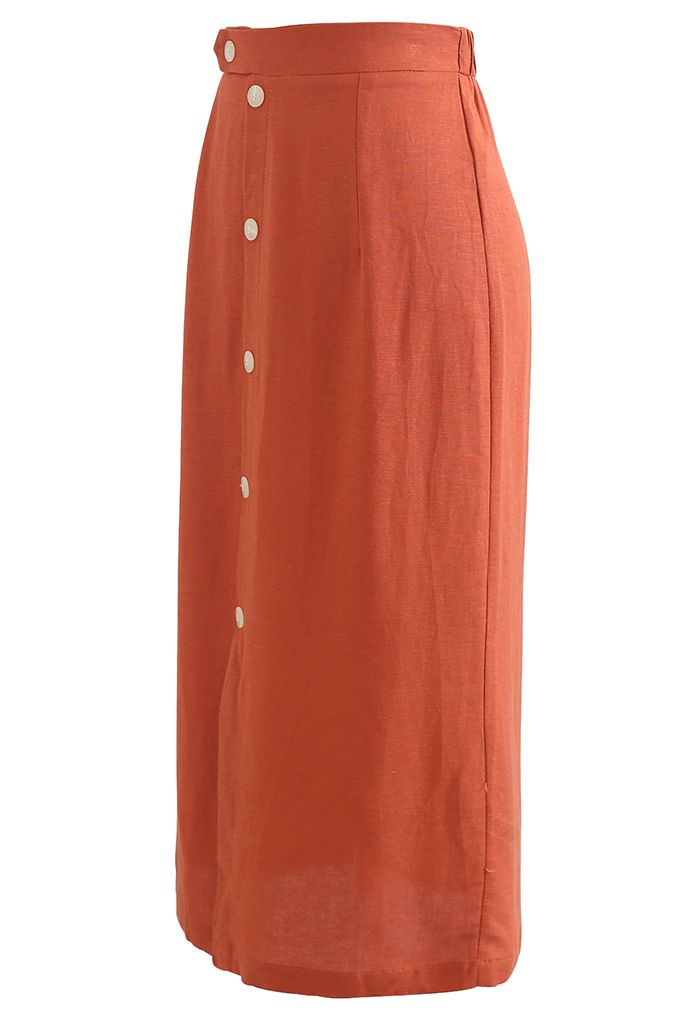 Button Embellished Slit Front Midi Skirt in Orange