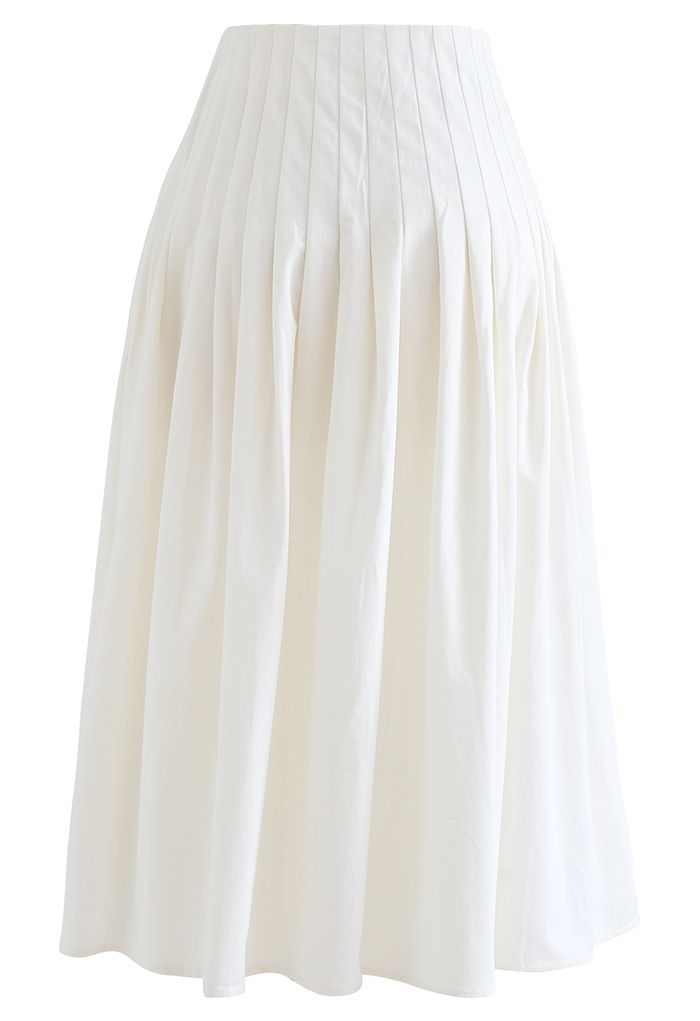 Pleated Waist Cotton Midi Skirt in White