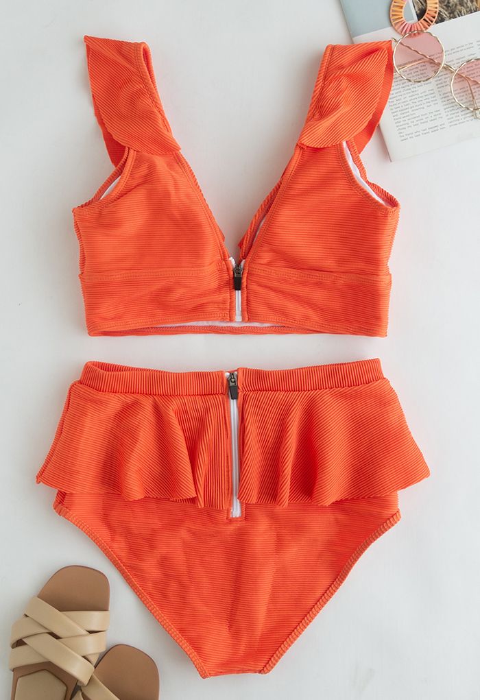 Zippered Back Ruffle Bikini Set in Orange