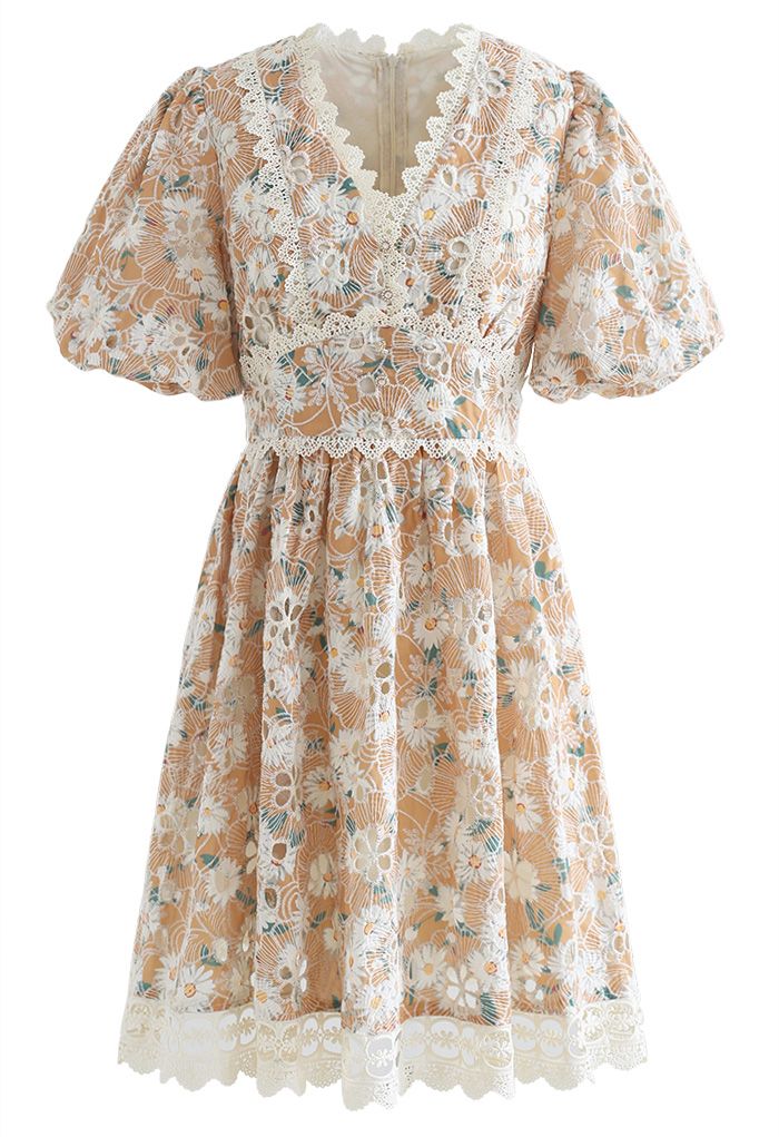 Apricot Flower Embroidered Button Decorated Dress