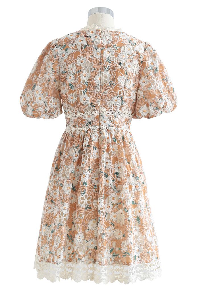 Apricot Flower Embroidered Button Decorated Dress