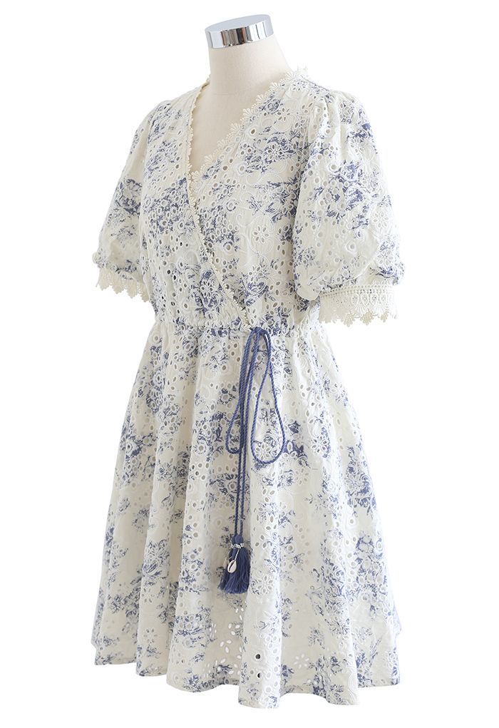 Tassel Waist Embroidered Wrapped Mini Dress