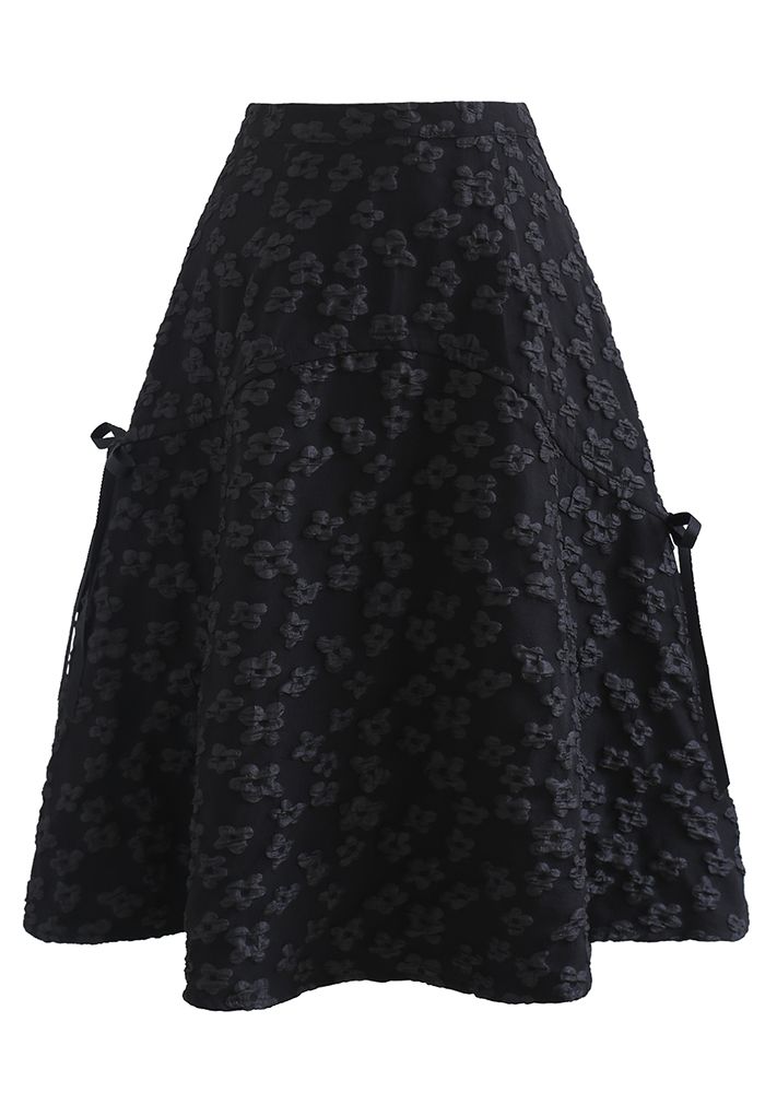 Embossed Flower Bowknot Side Flare Skirt