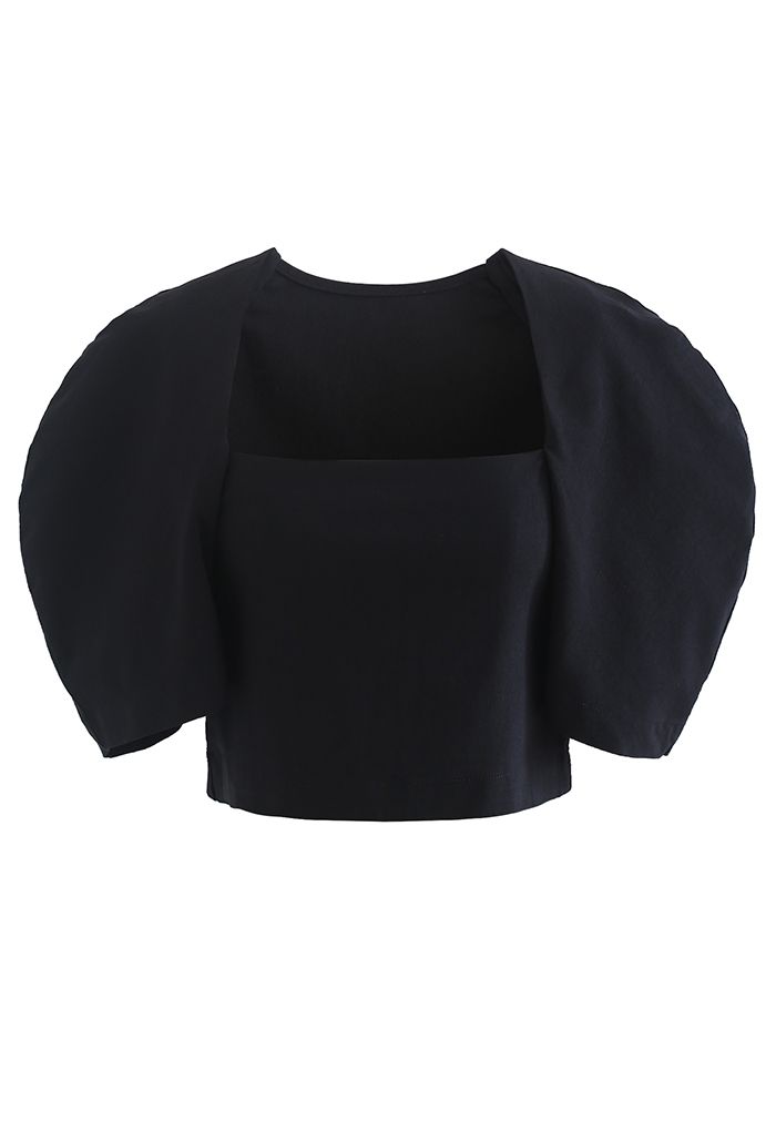 Square Neck Short Sleeve Crop Top in Black