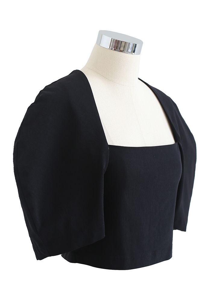 Square Neck Short Sleeve Crop Top in Black