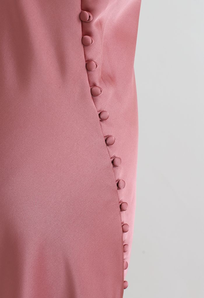 Buttoned Side Split Hem Satin Cami Dress in Coral