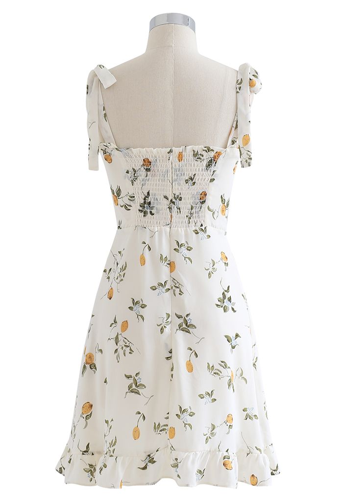 Cutie Lemon Branch Printed Tie-Strap Mini Dress