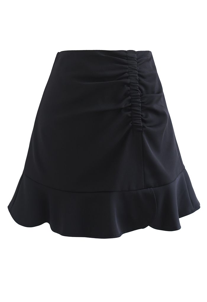 Frill Hem Ruched Front Mini Skirt in Black
