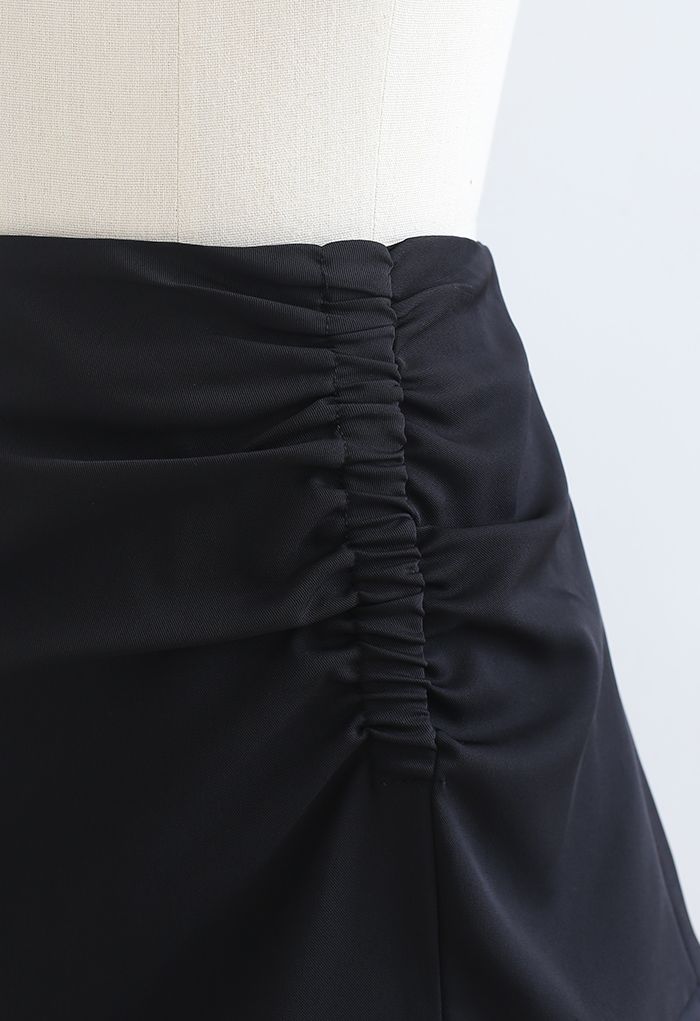 Frill Hem Ruched Front Mini Skirt in Black
