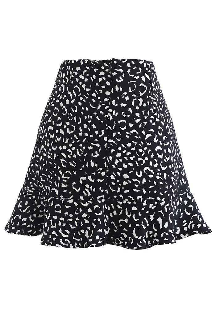 Leopard Frill Hem Ruched Front Mini Skirt in Black