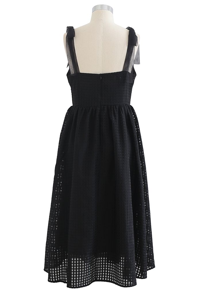 Gingham Tie-Strap Organza Dress in Black