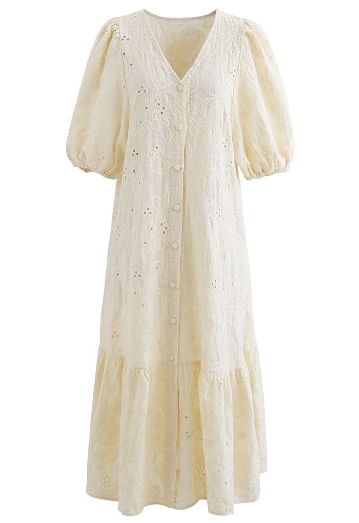 Button Down Bubble Sleeve Embroidered Dolly Dress in Light Yellow