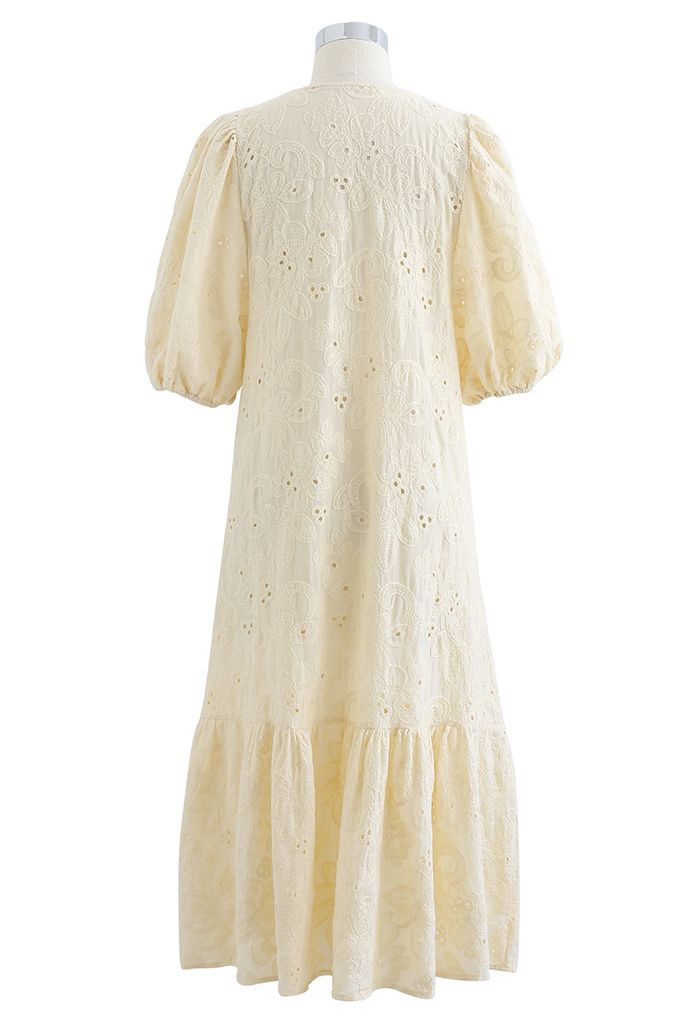 Button Down Bubble Sleeve Embroidered Dolly Dress in Light Yellow