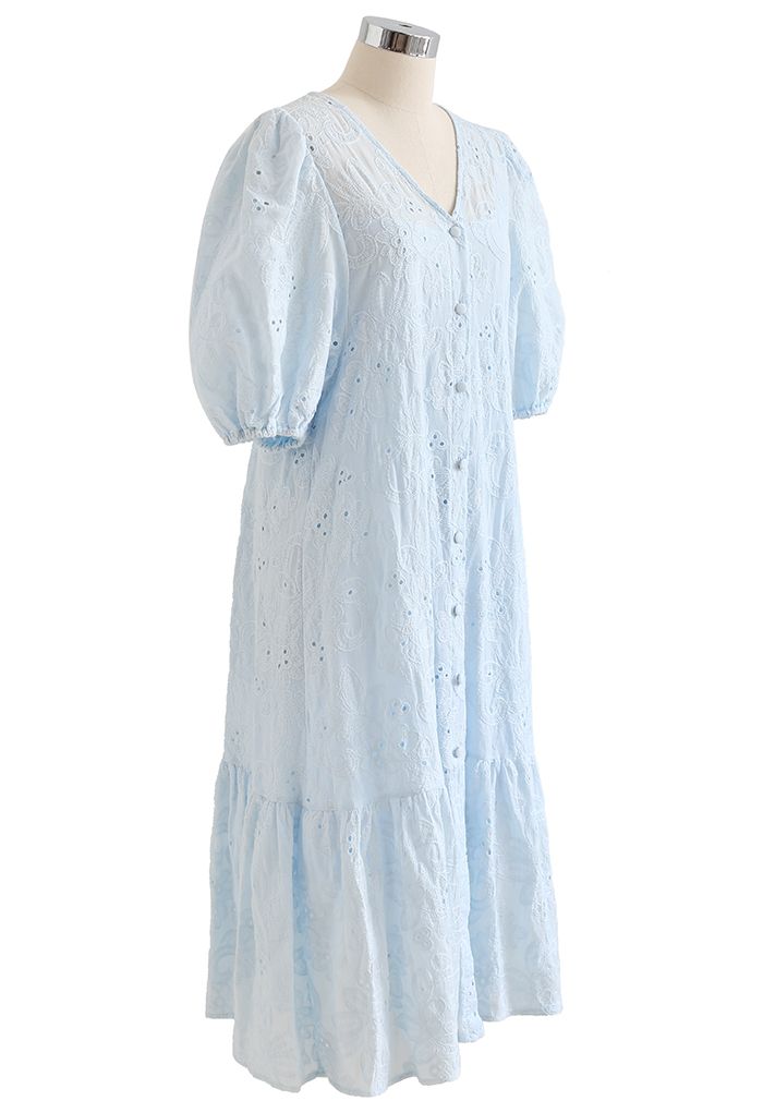 Button Down Bubble Sleeve Embroidered Dolly Dress in Blue