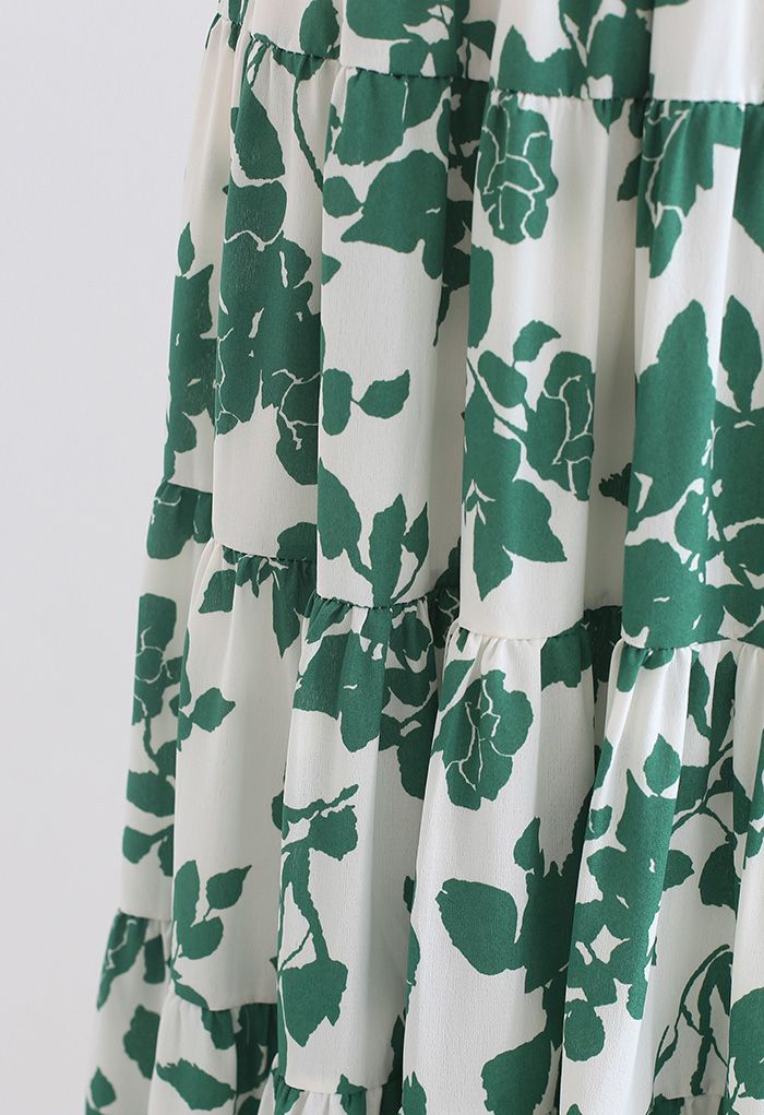 Flowery Sketch Frilling Maxi Skirt in Green