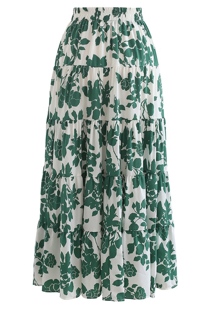 Flowery Sketch Frilling Maxi Skirt in Green