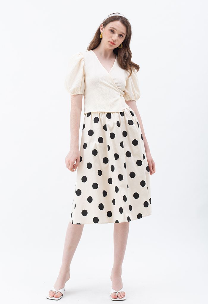Polka Dot Print A-Line Midi Skirt in Cream