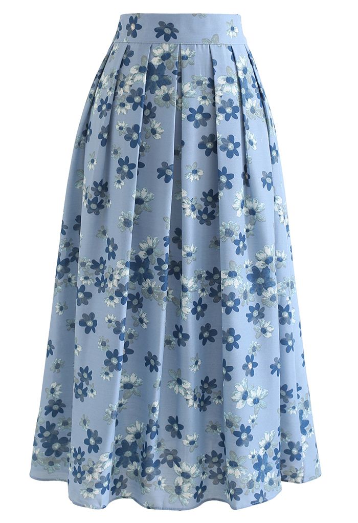 Falling Flowers Pleated Midi Skirt in Wash Blue