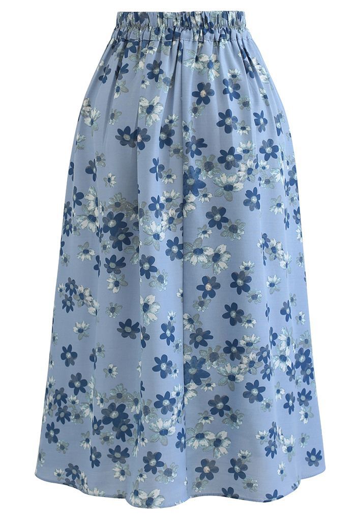 Falling Flowers Pleated Midi Skirt in Wash Blue