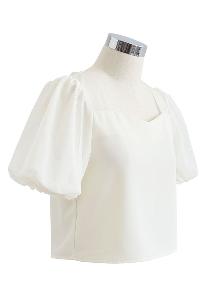 Tie-Back Cutout Bubble Sleeve Crop Top in Cream
