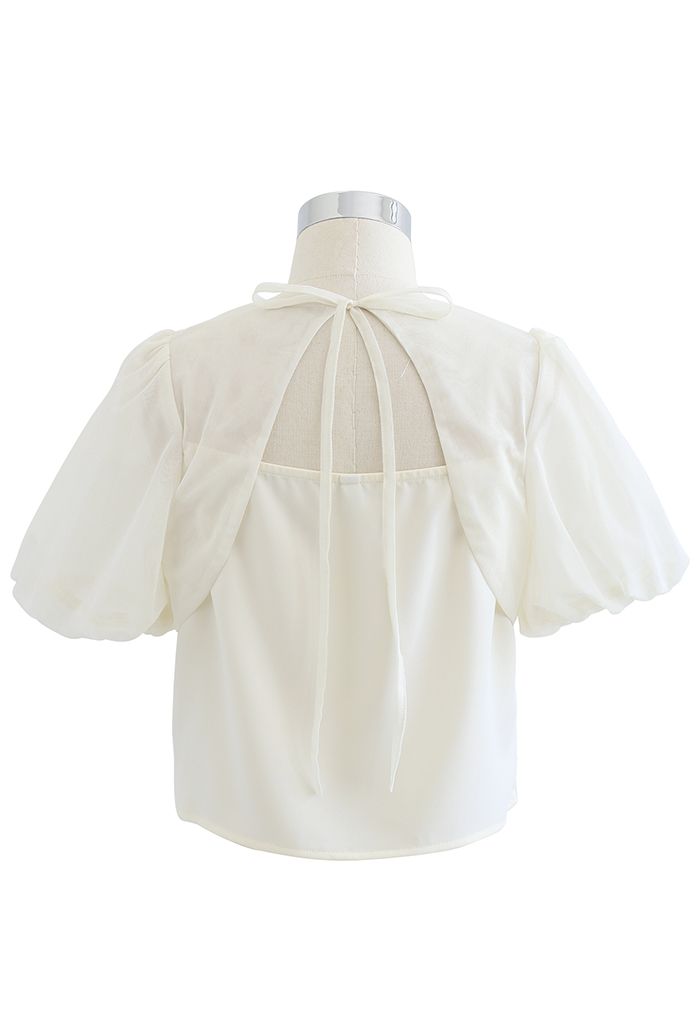 Tie-Back Cutout Bubble Sleeve Crop Top in Cream