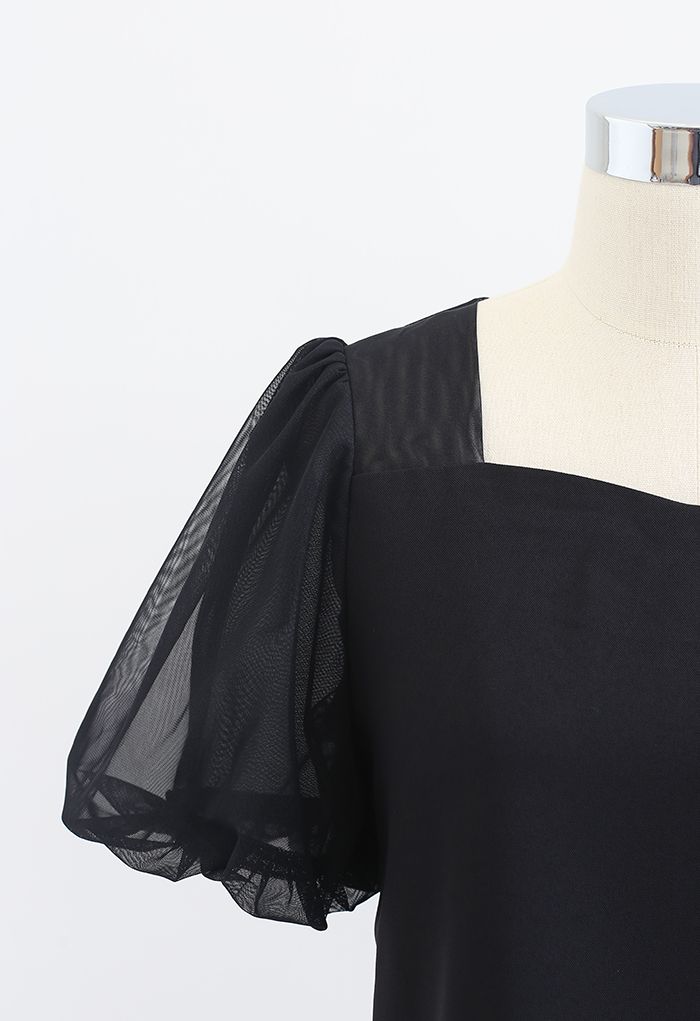 Tie-Back Cutout Bubble Sleeve Crop Top in Black