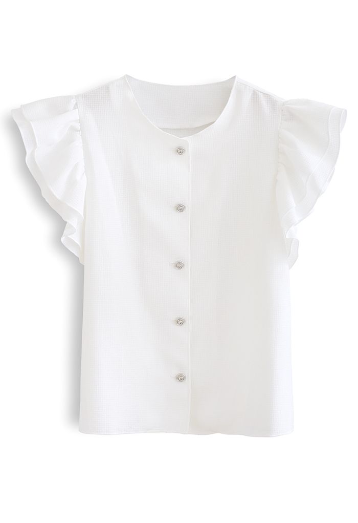 Flutter Sleeve Button Front Textured Top in White