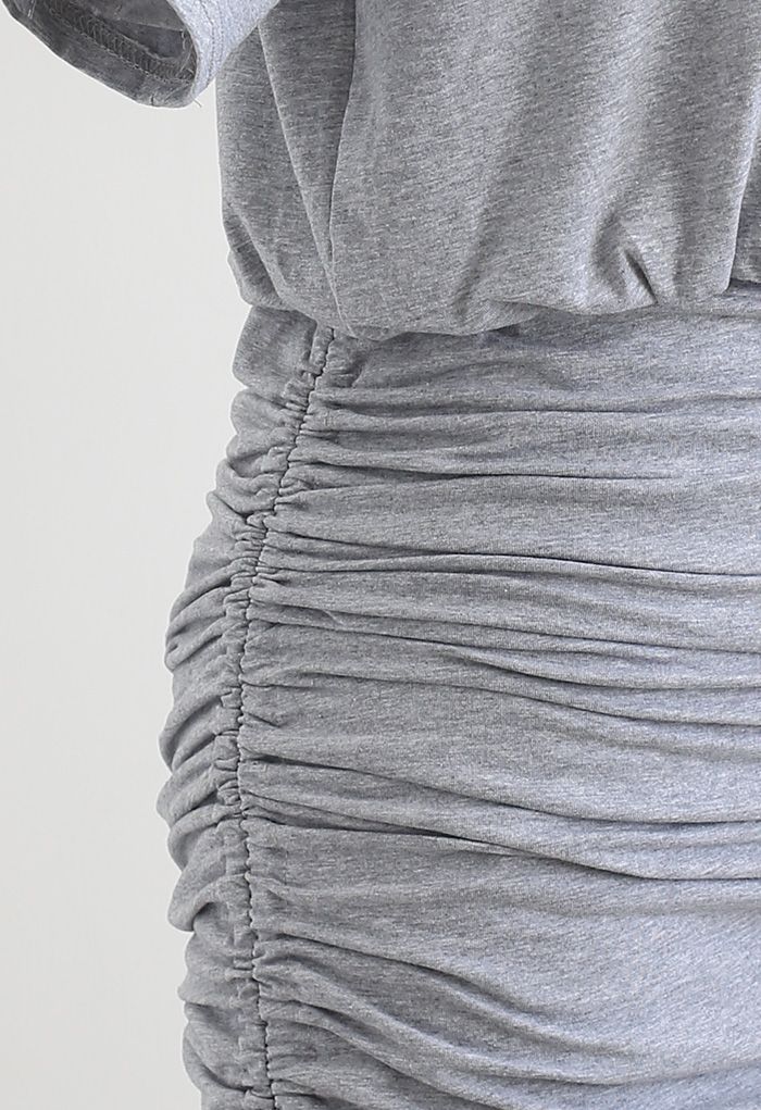 Pad Shoulder Crop Top and Drawstring Skirt Set in Grey