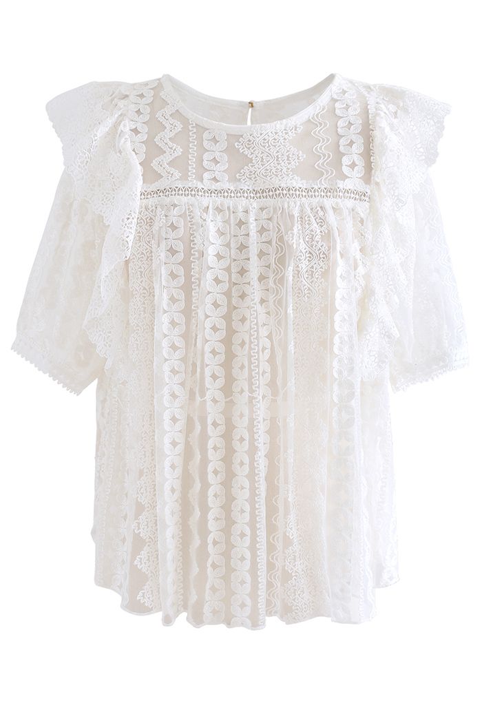 Crochet Ruffle Embroidered Mesh Top