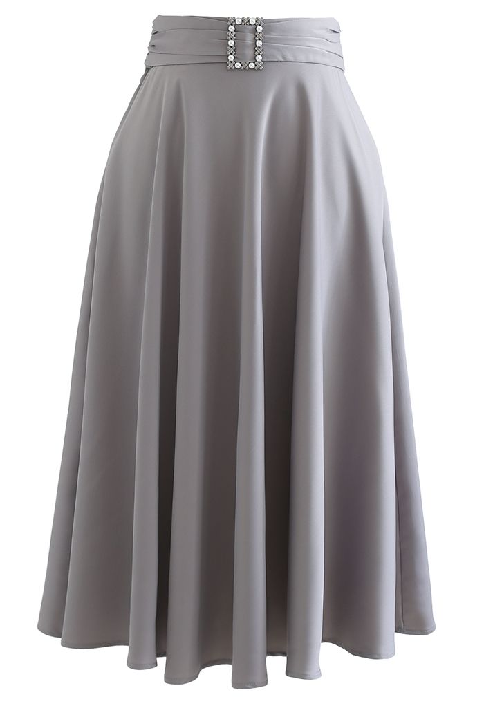 Brooch Detail Satin A-line Midi Skirt in Grey