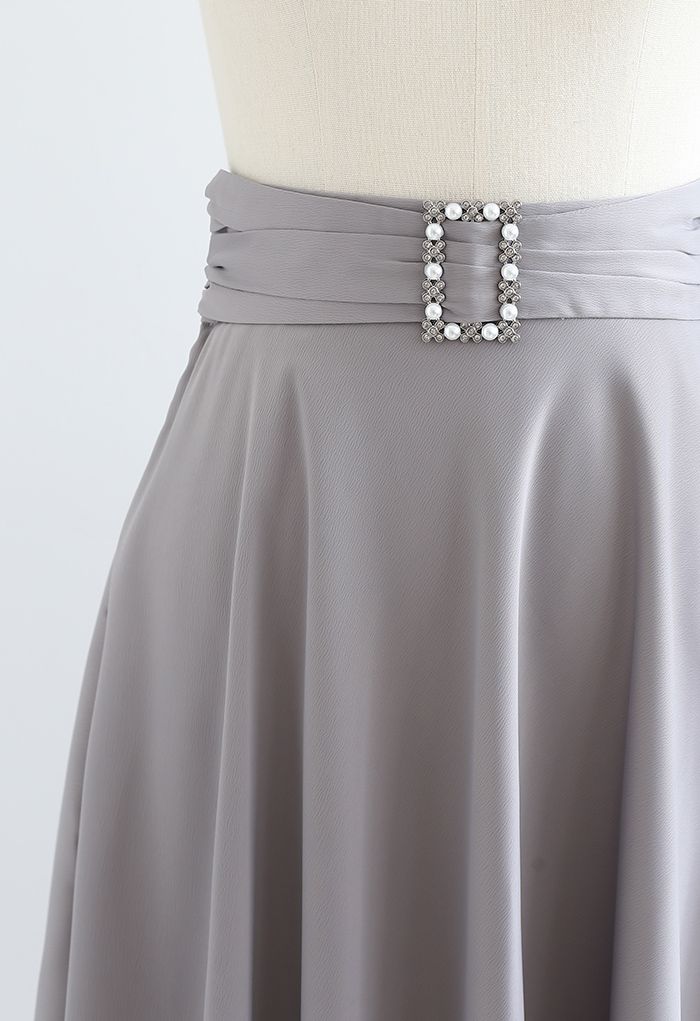 Brooch Detail Satin A-line Midi Skirt in Grey
