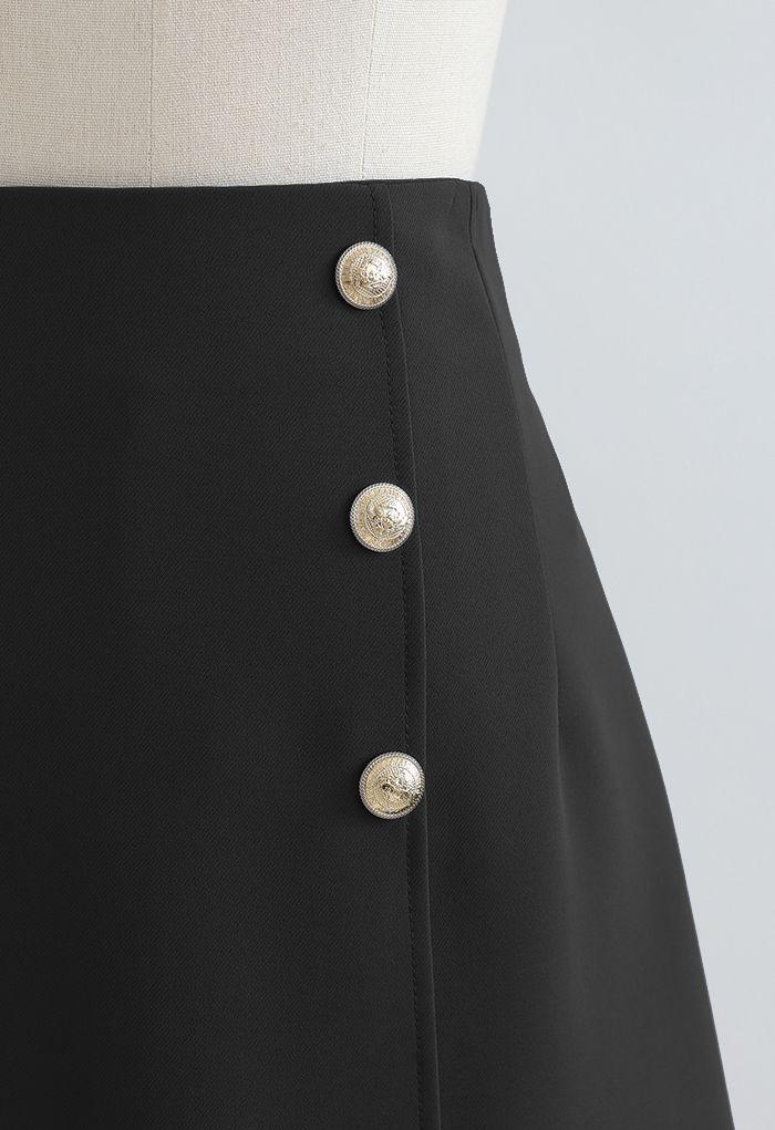 Golden Button Decorated Mini Bud Skirt in Black