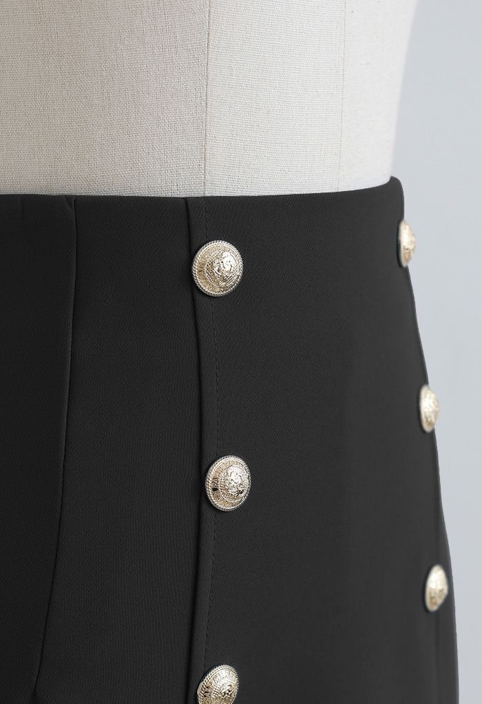 Golden Button Decorated Mini Bud Skirt in Black