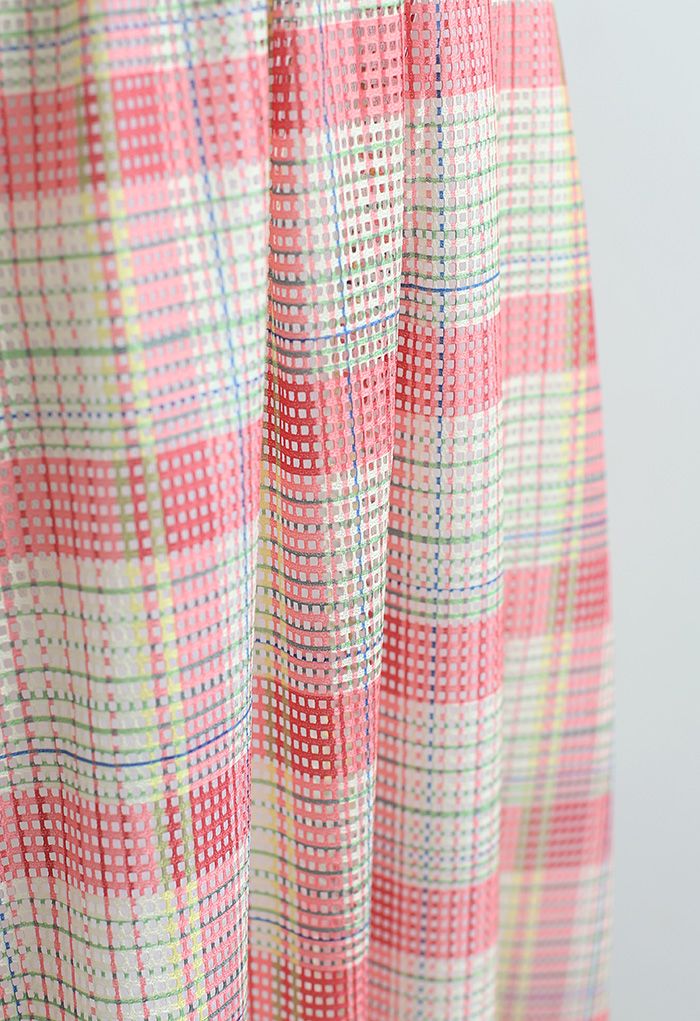 Pastel Plaid Pleated Midi Skirt in Pink