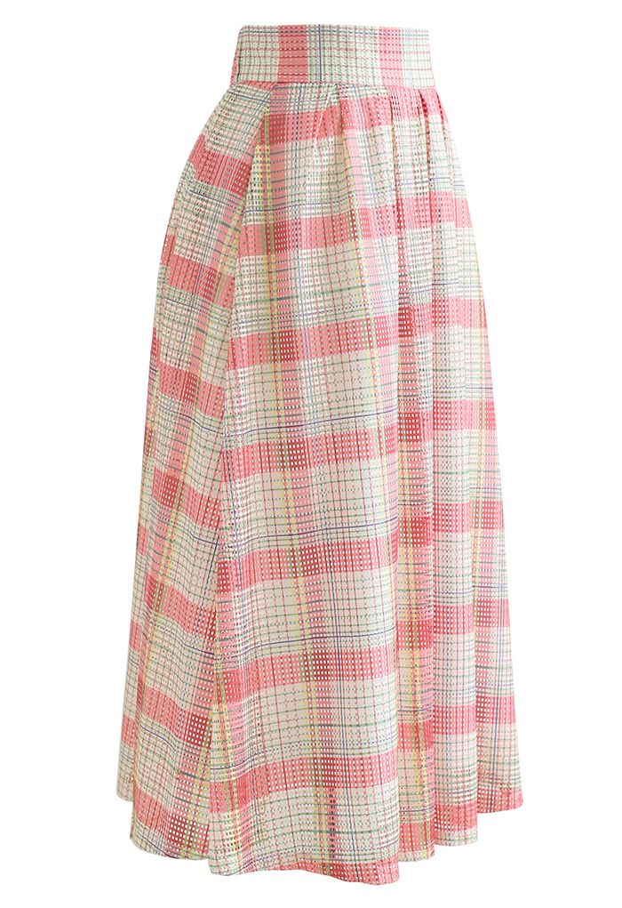 Pastel Plaid Pleated Midi Skirt in Pink