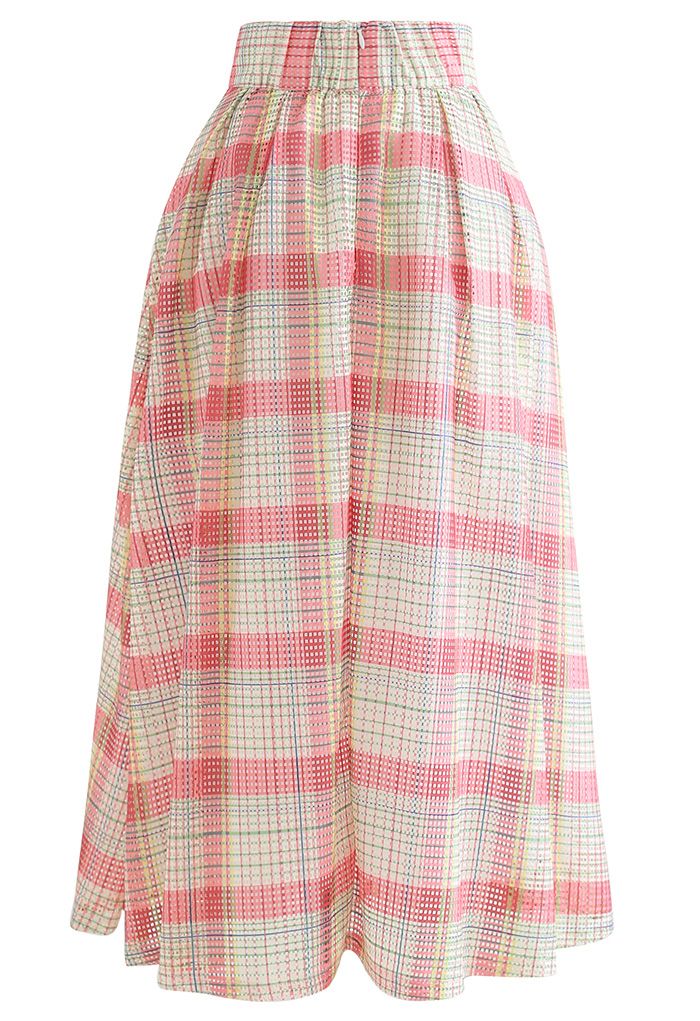 Pastel Plaid Pleated Midi Skirt in Pink