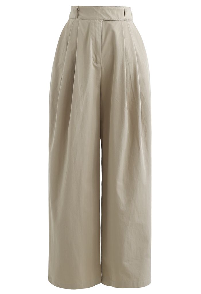 Belted Waist Straight Leg Cotton Pants in Tan