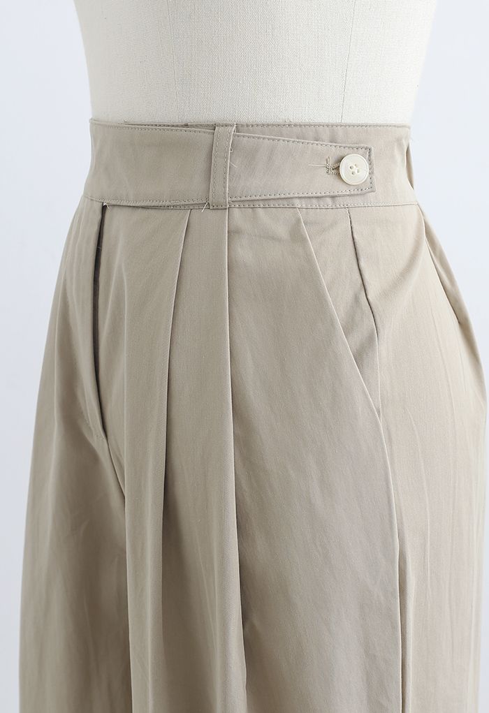 Belted Waist Straight Leg Cotton Pants in Tan