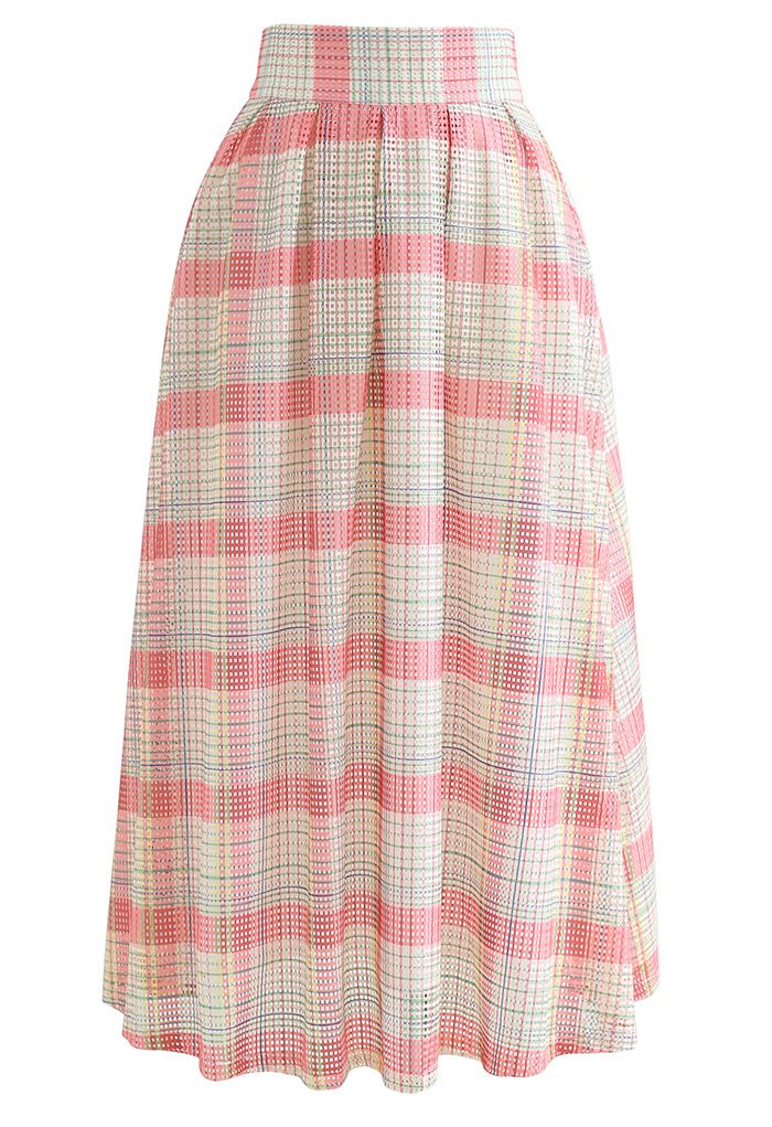 Pastel Plaid Pleated Midi Skirt in Pink