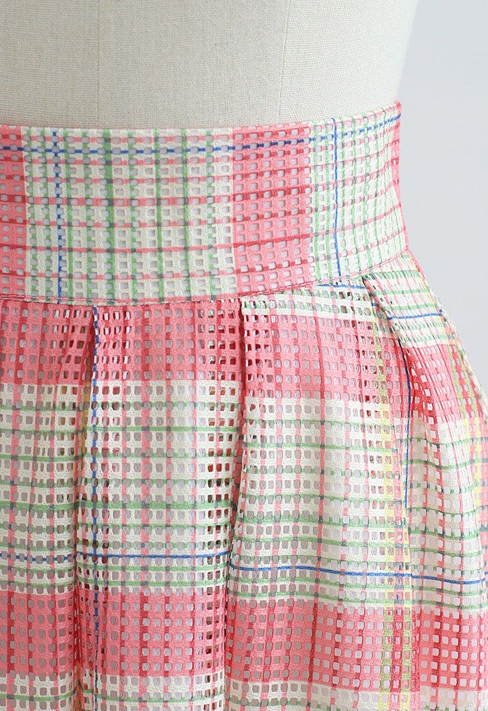 Pastel Plaid Pleated Midi Skirt in Pink