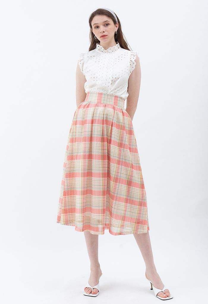 Pastel Plaid Pleated Midi Skirt in Pink