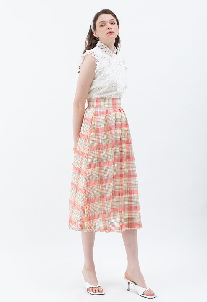 Pastel Plaid Pleated Midi Skirt in Pink