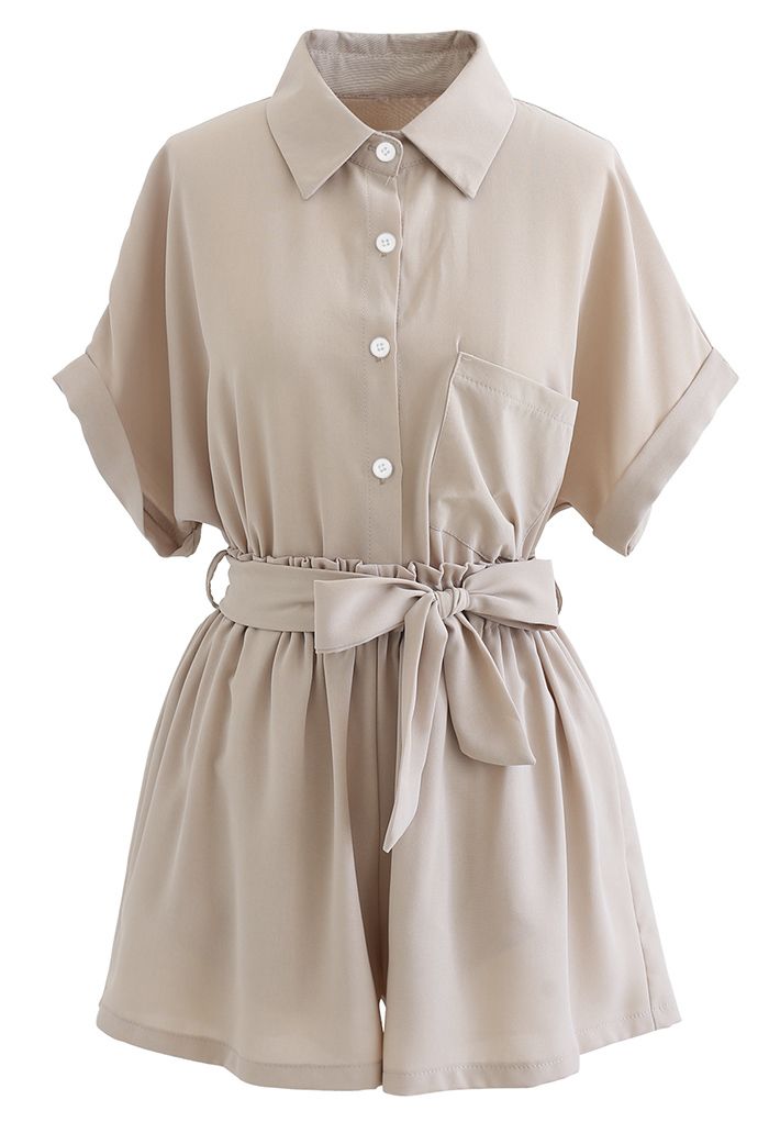 Button Down Shirt and Bowknot Shorts Set in Taupe