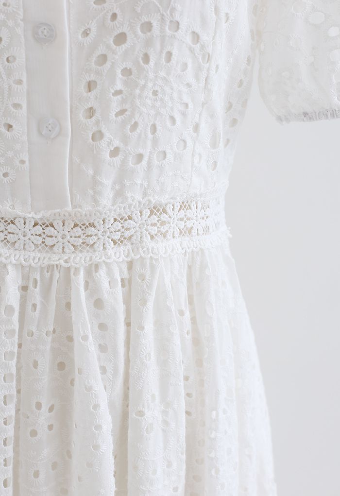 Exaggerated Floral Eyelet Embroidery V-Neck Midi Dress