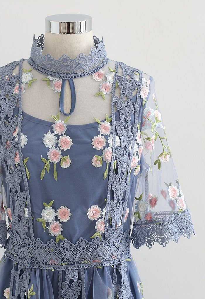 Garden Glamour Embroidered Crochet Trim Mesh Dress